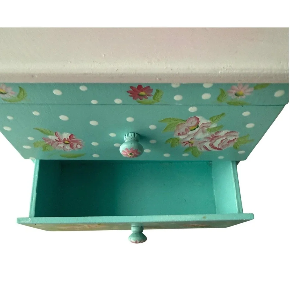 Vintage 90s Hand‎ Painted Wood Jewelry Box Teal Pink Floral Mini Dresser 9 x 7.5